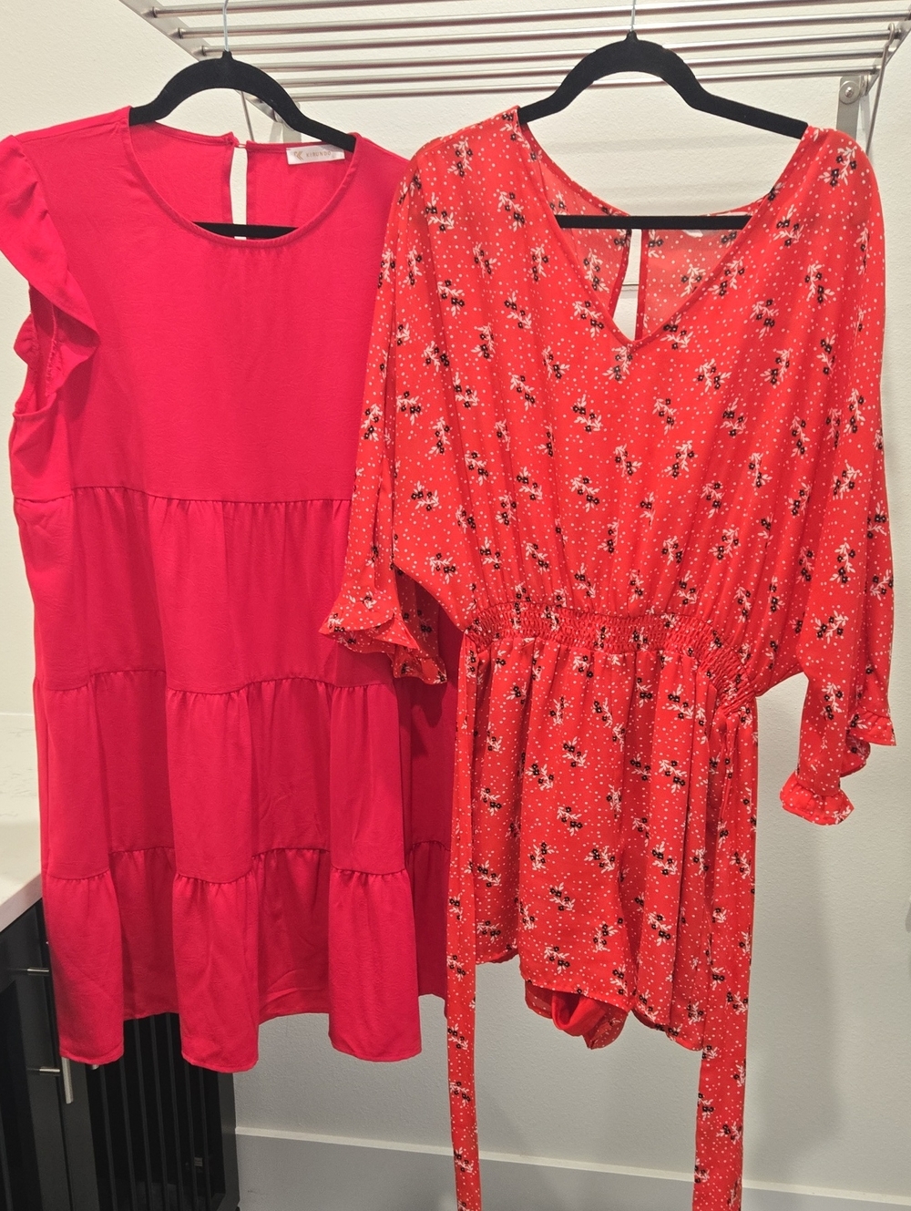 Bright Pink Tiered Dress & Red Floral Wrap Romper
